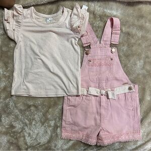 Tahari Girls Pink Ruffle-Sleeve Top and Pink Overalls Set size 3T